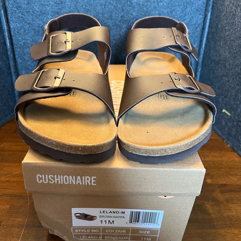 Cushionaire Men's Size‎ 11 Brown Nappa Leland Cork Sandals NIB Adjustable Buckle